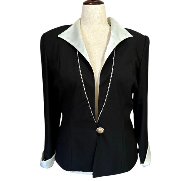 Vintage Women's Black Evening Jacket Rhinestones White Satin Lapel Size 16 Event - Picture 1 of 9